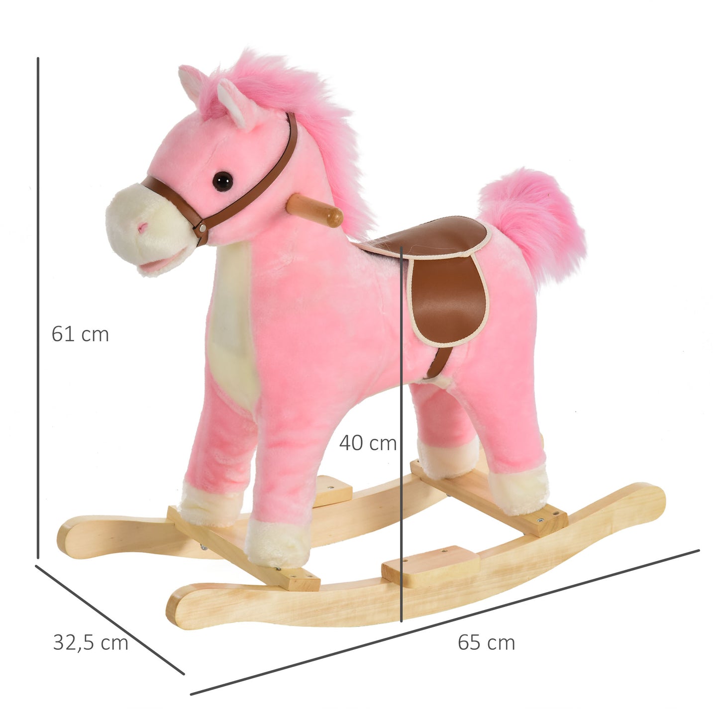 HOMCOM Cavalo de balanço para crianças acima de 36 meses Brinquedo de balanço macio com música Sons relinchos de galope Boca e cauda móveis 65x32,5x61 cm Rosa