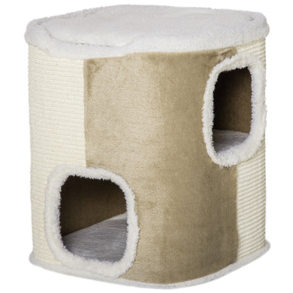 PawHut Arranhador em Forma de Cilindro para Gatos de 2 Níveis com Caverna de Sisal Pelúcia Suave e Plataforma de Velo 40x40x49cm Bege