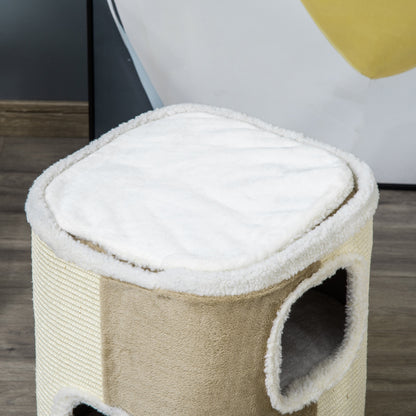 PawHut Arranhador em Forma de Cilindro para Gatos de 2 Níveis com Caverna de Sisal Pelúcia Suave e Plataforma de Velo 40x40x49cm Bege