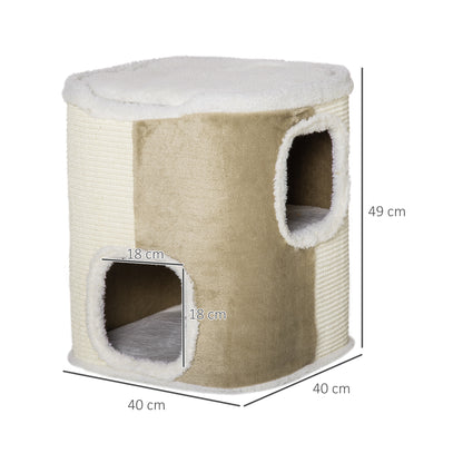 PawHut Arranhador em Forma de Cilindro para Gatos de 2 Níveis com Caverna de Sisal Pelúcia Suave e Plataforma de Velo 40x40x49cm Bege