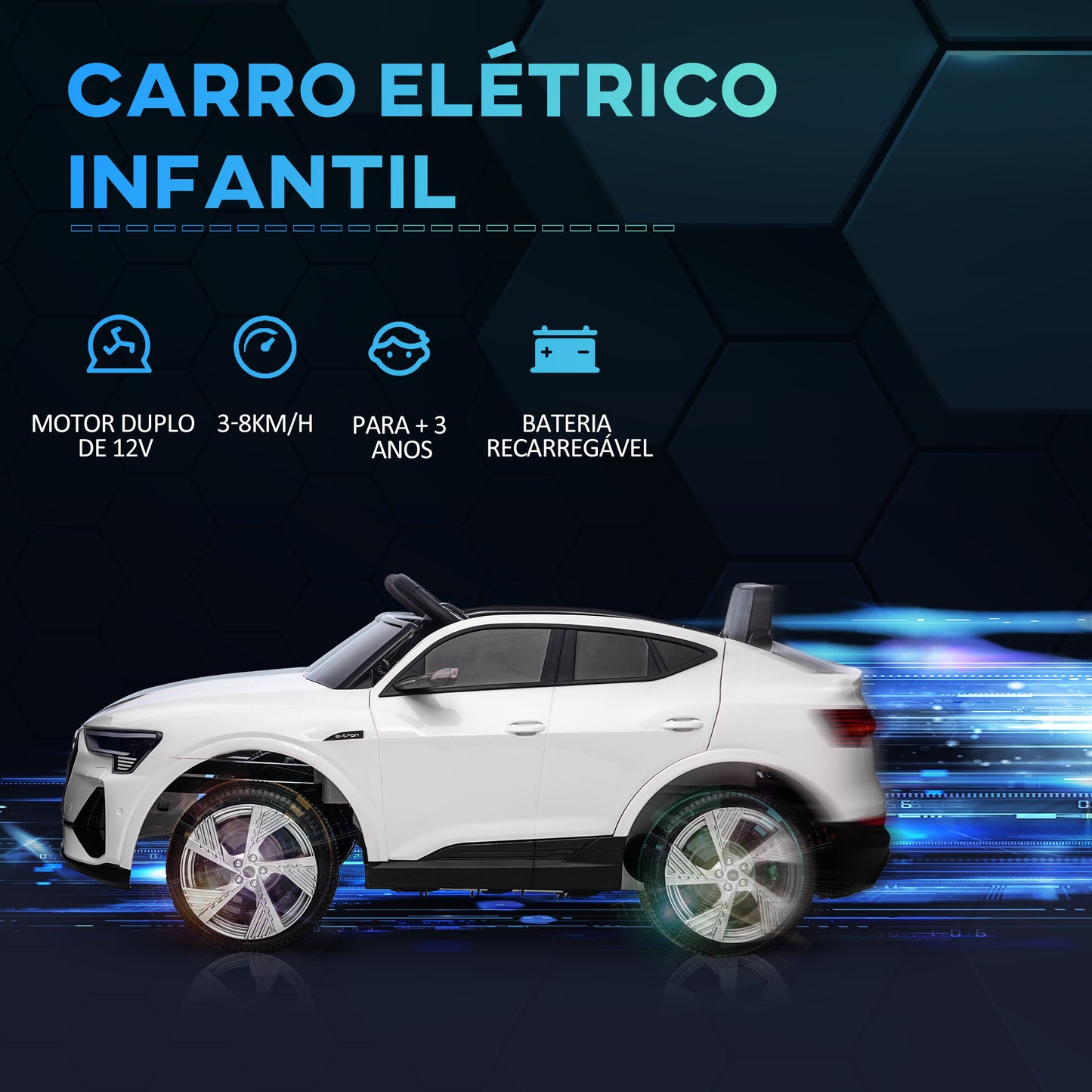 HOMCOM Carro Elétrico Audi E-Tron 12V para Crianças acima de 3 Anos com Controle Remoto Faróis Buzina Música MP3 TF USB e Abertura da Porta 3-8km/h 108x60x47cm Branco