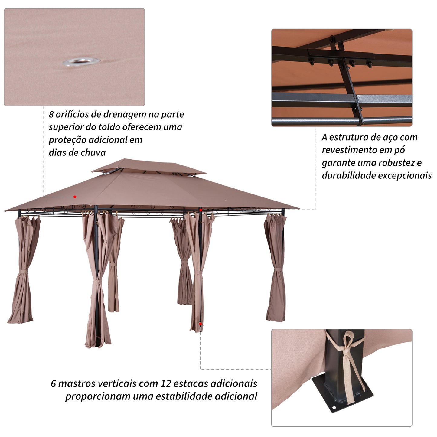 Outsunny Pérgola de Jardim 3x4 m Pérgola de Exterior com Paredes Laterais Teto Duplo 6 Portas com Fecho de Correr e 8 Orifícios de Drenagem para Pátio Jardim Marrom