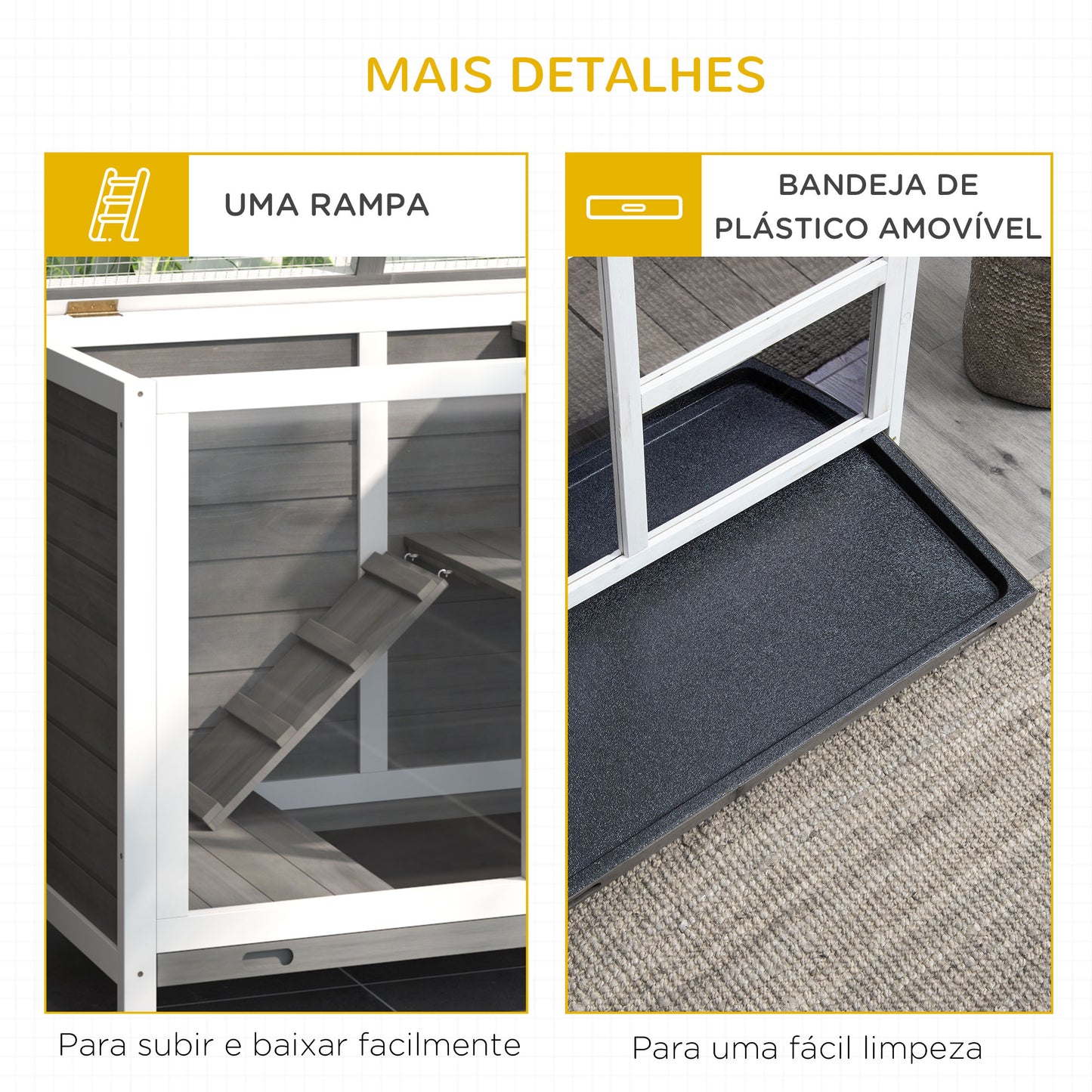 PawHut Coelheira de Madeira com Rodas 91,5x53,5x73cm Gaiola para Coelhos de 2 Níveis com Teto Abatível Bandeja Amovível e Rampa Cinza