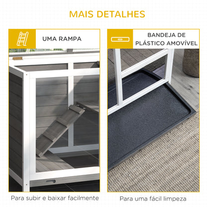 PawHut Coelheira de Madeira com Rodas 91,5x53,5x73cm Gaiola para Coelhos de 2 Níveis com Teto Abatível Bandeja Amovível e Rampa Cinza