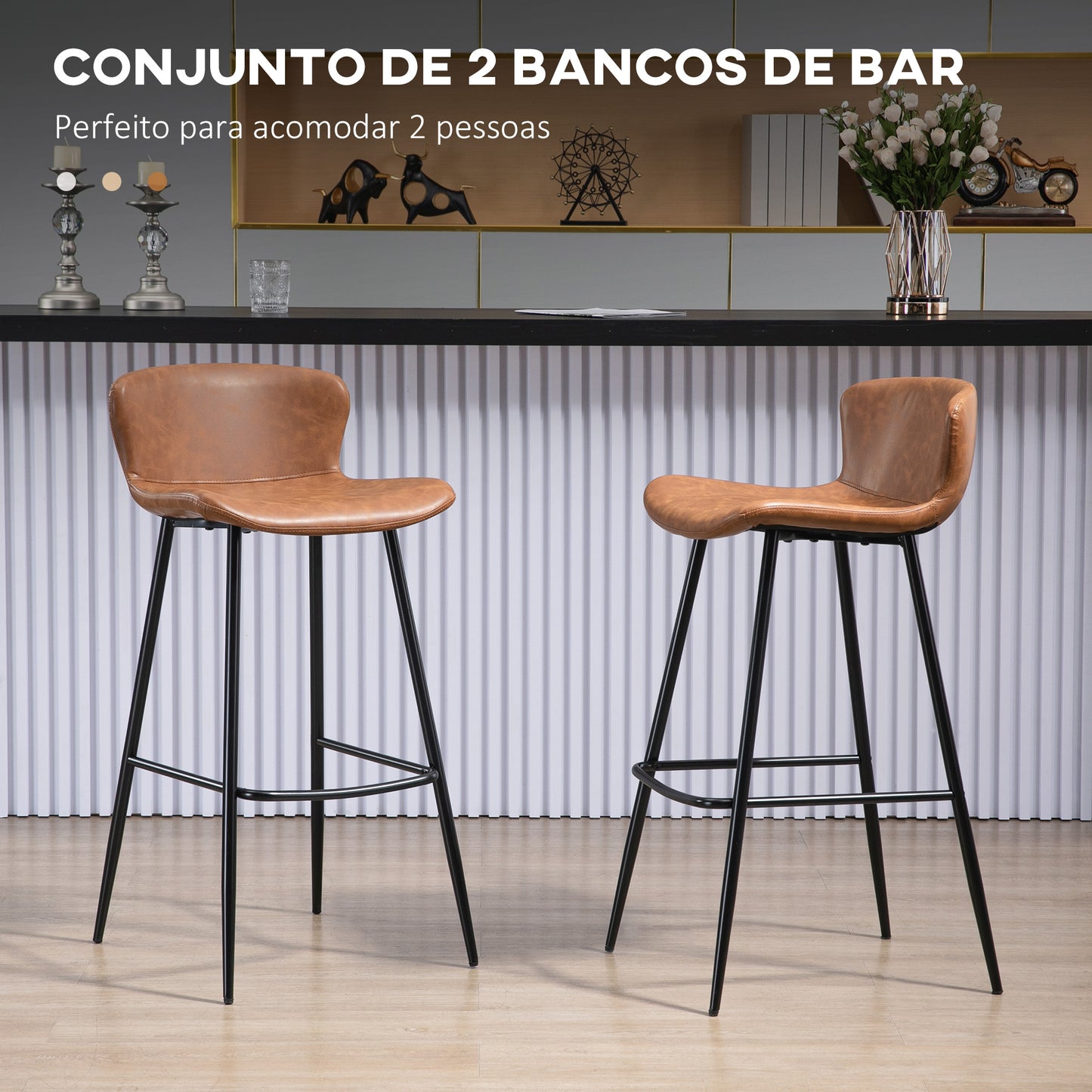 HOMCOM Conjunto de 2 Bancos Altos de Cozinha Bancos Altos de Cozinha com Encosto Estofado em PU Carga 120 kg para Bar Sala de Jantar 45x49x94,6 cm Marrom