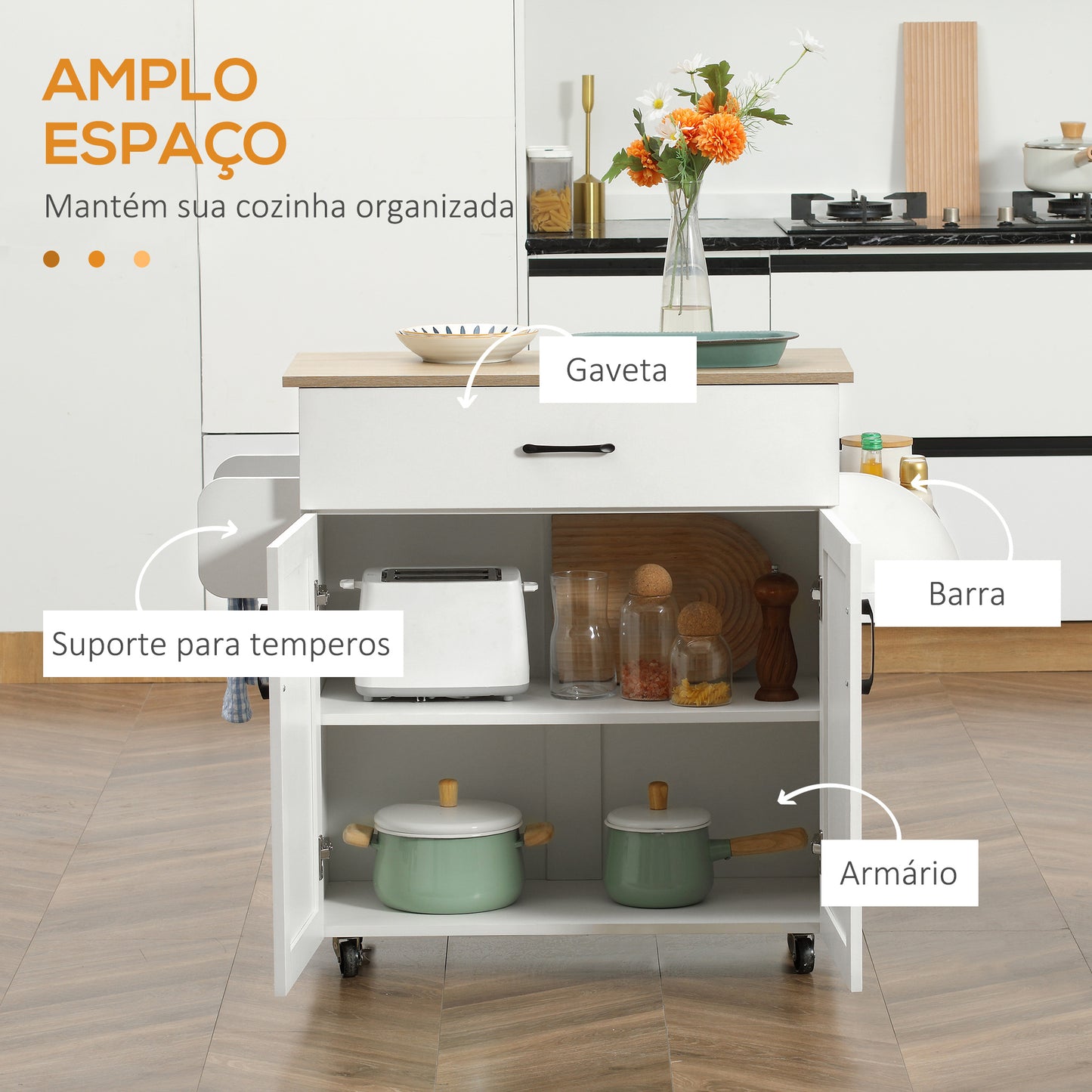 HOMCOM Carrinho de Cozinha com 1 Gaveta 2 Portas Suporte para Panos e Especies Carrinho Auxiliar com Rodas para Sala de Jantar Carga Máxima 105x36x85cm Branco