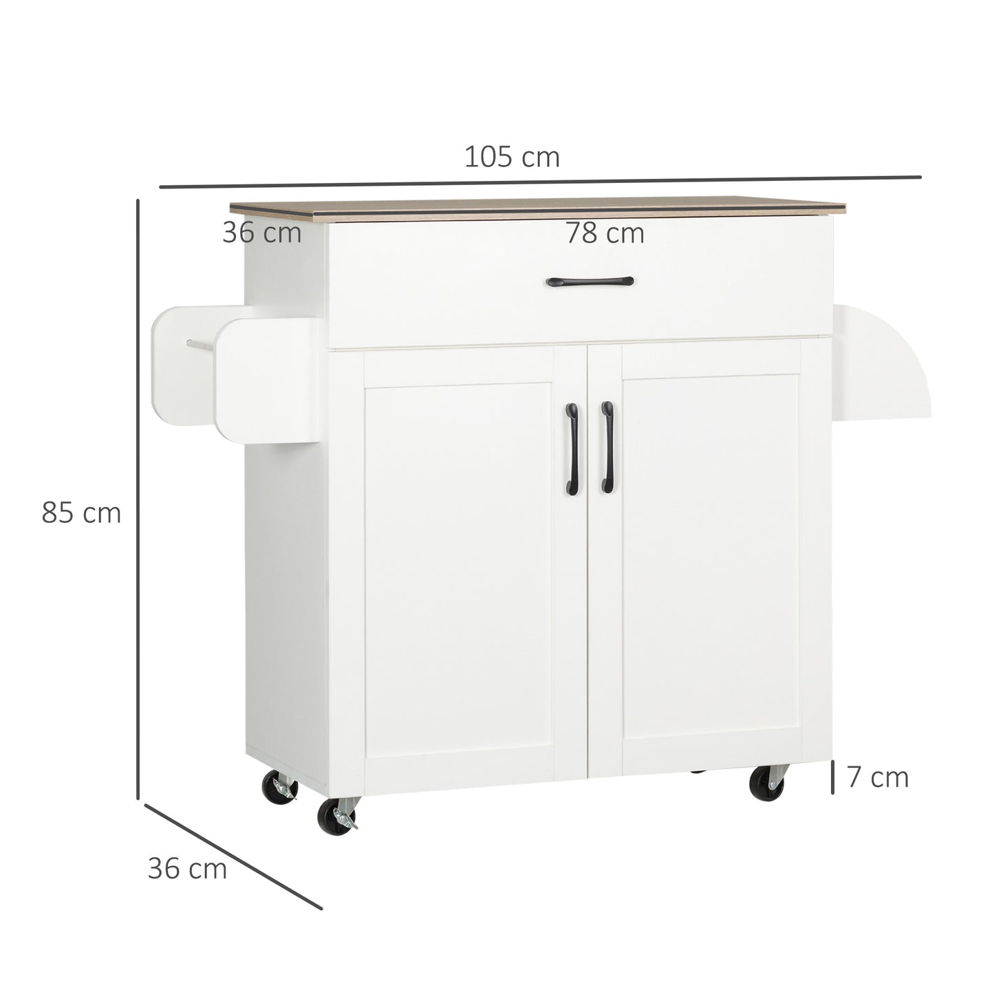 HOMCOM Carrinho de Cozinha com 1 Gaveta 2 Portas Suporte para Panos e Especies Carrinho Auxiliar com Rodas para Sala de Jantar Carga Máxima 105x36x85cm Branco