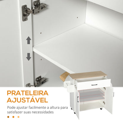 HOMCOM Carrinho de Cozinha com 1 Gaveta 2 Portas Suporte para Panos e Especies Carrinho Auxiliar com Rodas para Sala de Jantar Carga Máxima 105x36x85cm Branco