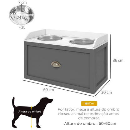 PawHut Comedouro Elevado para Cães Comedouro para Cães com 2 Tigelas 2000ml de Aço Inoxidável Gaveta Oculta com Suporte de Madeira para Animais de Estimação 60x30x36 cm Cinza