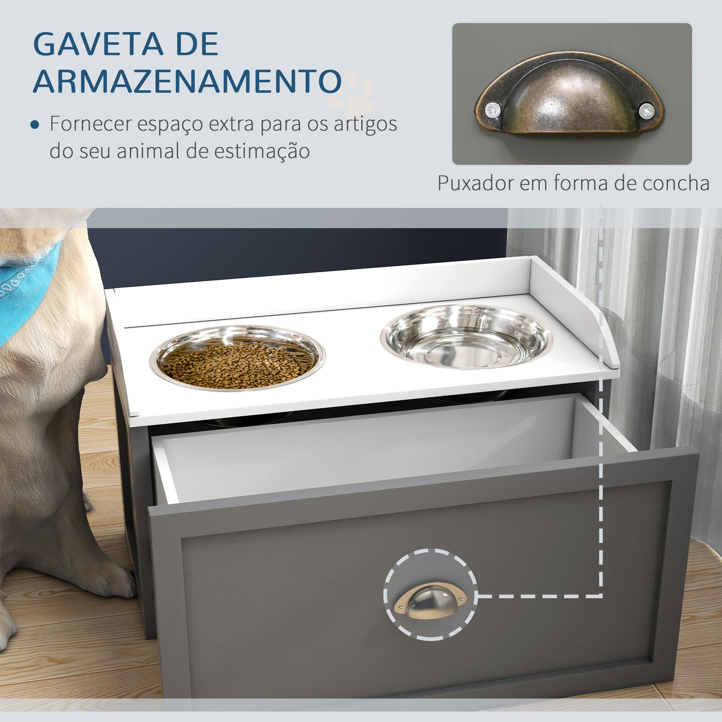 PawHut Comedouro Elevado para Cães Comedouro para Cães com 2 Tigelas 2000ml de Aço Inoxidável Gaveta Oculta com Suporte de Madeira para Animais de Estimação 60x30x36 cm Cinza