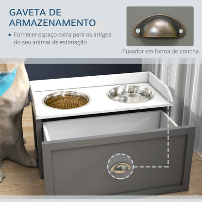 PawHut Comedouro Elevado para Cães Comedouro para Cães com 2 Tigelas 2000ml de Aço Inoxidável Gaveta Oculta com Suporte de Madeira para Animais de Estimação 60x30x36 cm Cinza