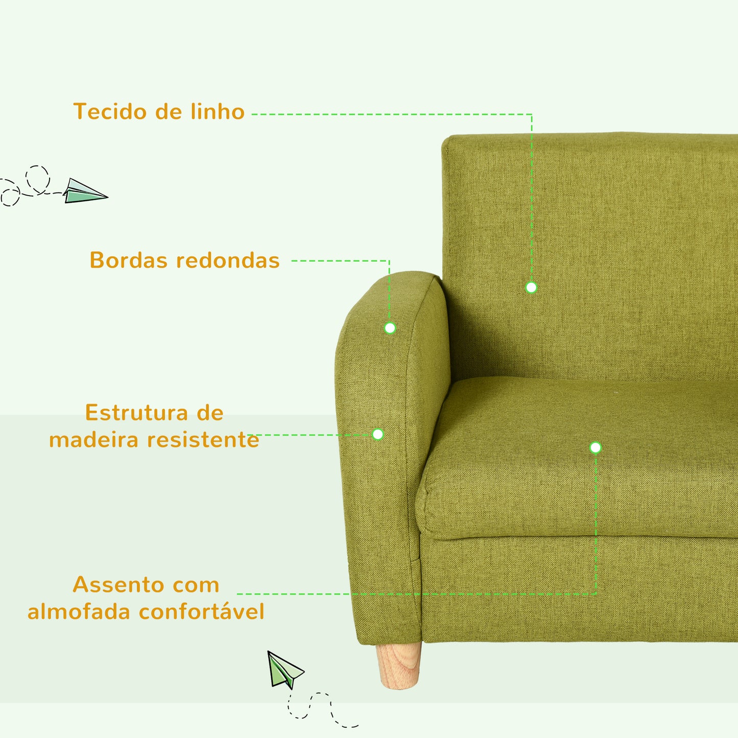 HOMCOM Sofá Infantil Mini Sofá para Crianças acima de 3 anos com Assento Acolchoado Apoio para os Braços e Estrutura de Madeira Carga Máx. 65kg 49x45x44 cm Verde