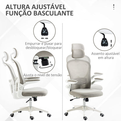 Vinsetto Cadeira de Escritório Basculante Cadeira de Escritório Giratória com Encosto Alto Apoio para a Cabeça Ajustável Suporte Lombar Apoio para os Braços Dobrável e Altura Ajustável Carga 120 kg 62x64x112-120 cm Cinza