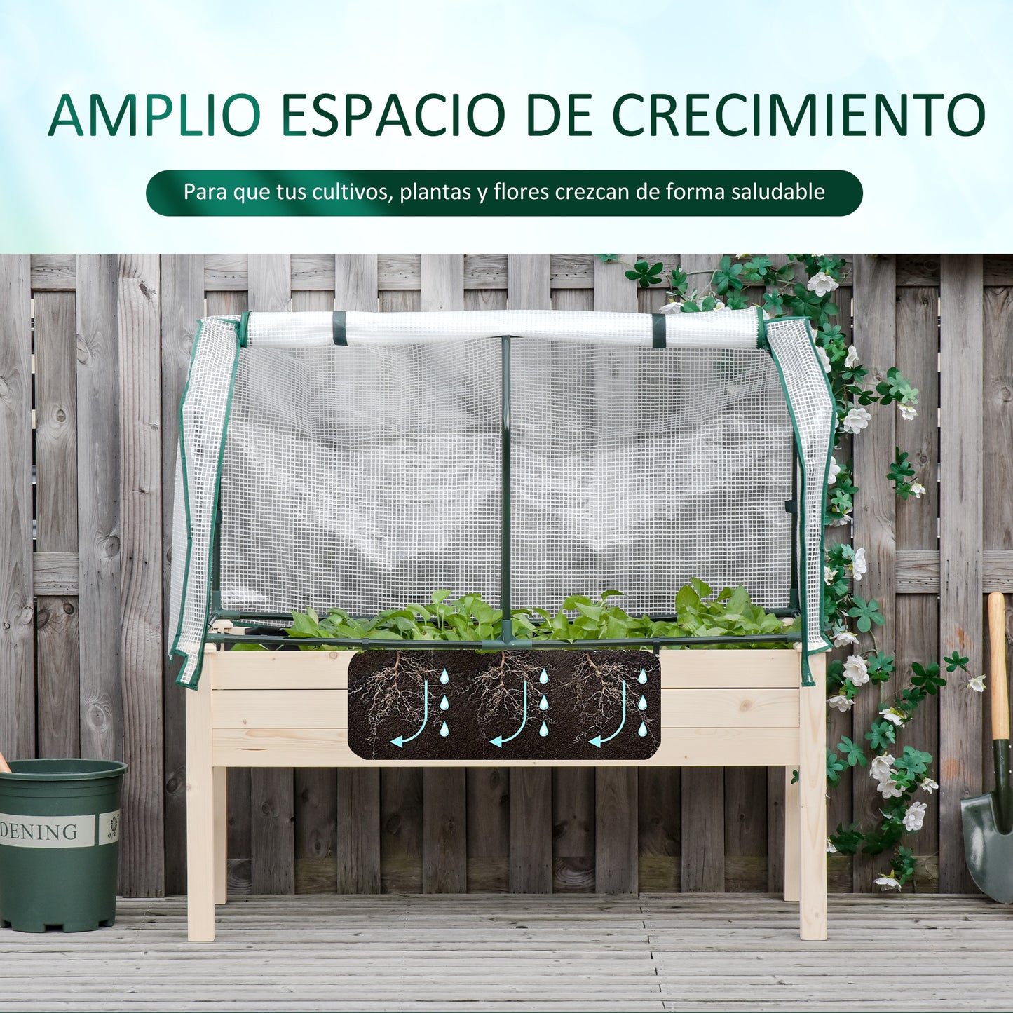 Outsunny Horta Vertical Elevada de Madeira 121x55x117cm com Cobertura de Proteção Mesa de Jardinagem para Cultivo de Flores Vegetais e, Jardim Terraço Madeira Natural