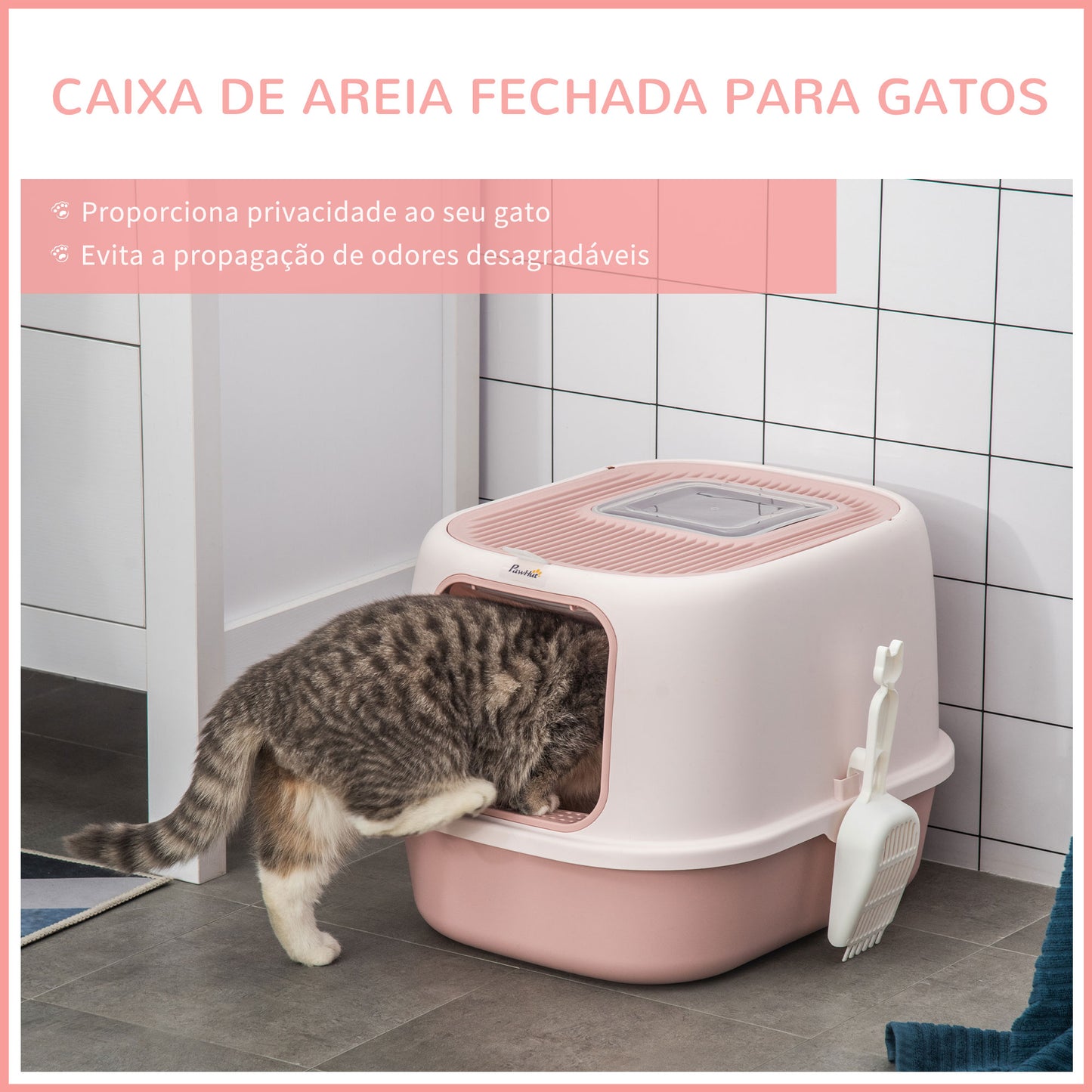 PawHut Caixa de Areia para Gatos Caixa de Areia Fechada com Entrada Dianteira Saida Superior Bandeja Removível e Pá 40x53,5x37,5cm Rosa