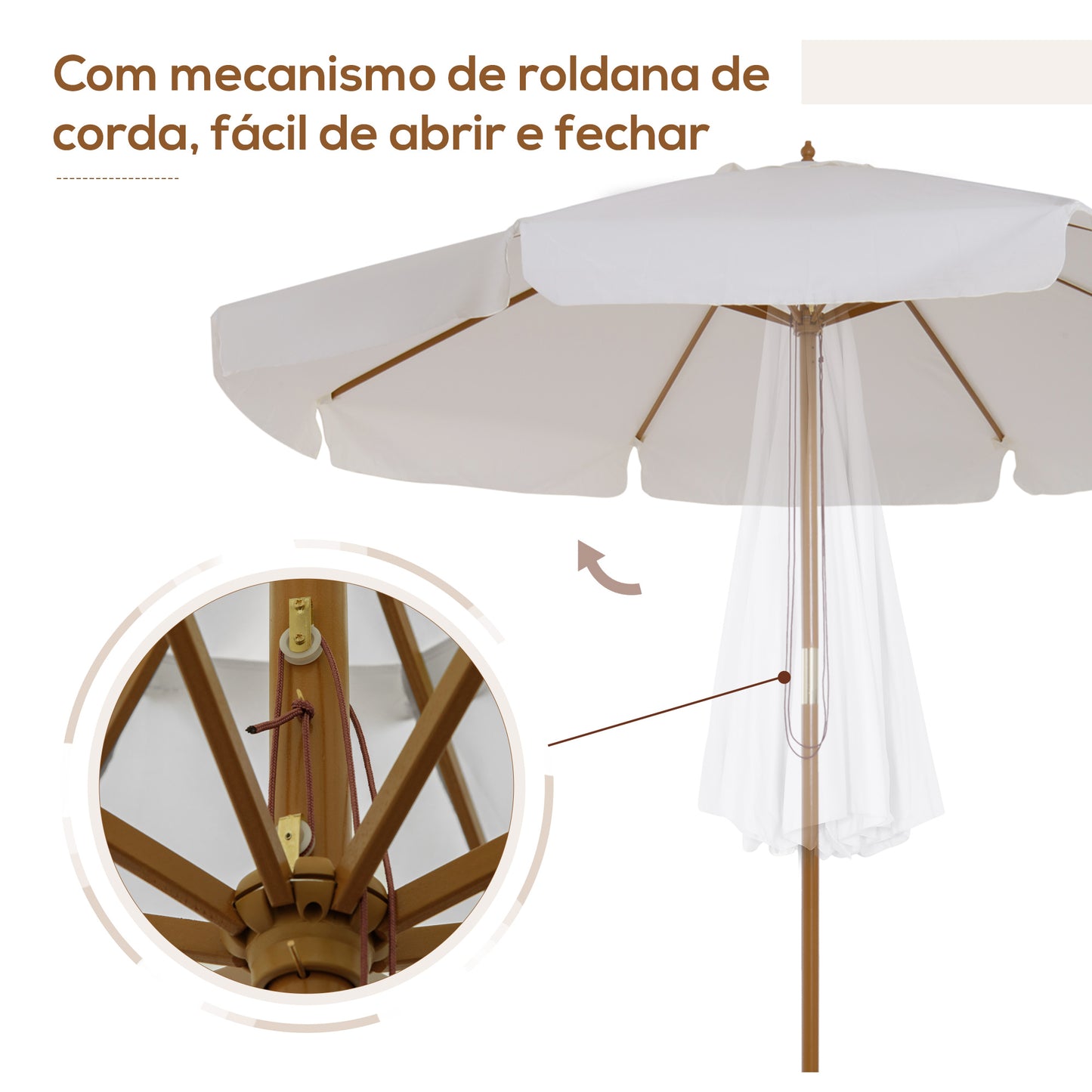 Outsunny Chapéu de Sol de Jardim Ø325x250 cm Chapéu de Sol de Madeira com Sistema de Polea Teto com Ventilação e 8 Hastes de Bambú para Terraço Balcão Exterior Bege