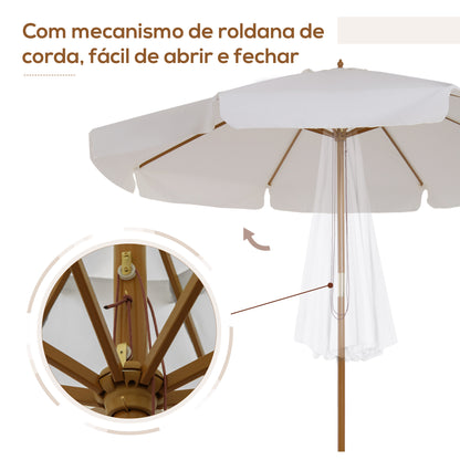 Outsunny Chapéu de Sol de Jardim Ø325x250 cm Chapéu de Sol de Madeira com Sistema de Polea Teto com Ventilação e 8 Hastes de Bambú para Terraço Balcão Exterior Bege