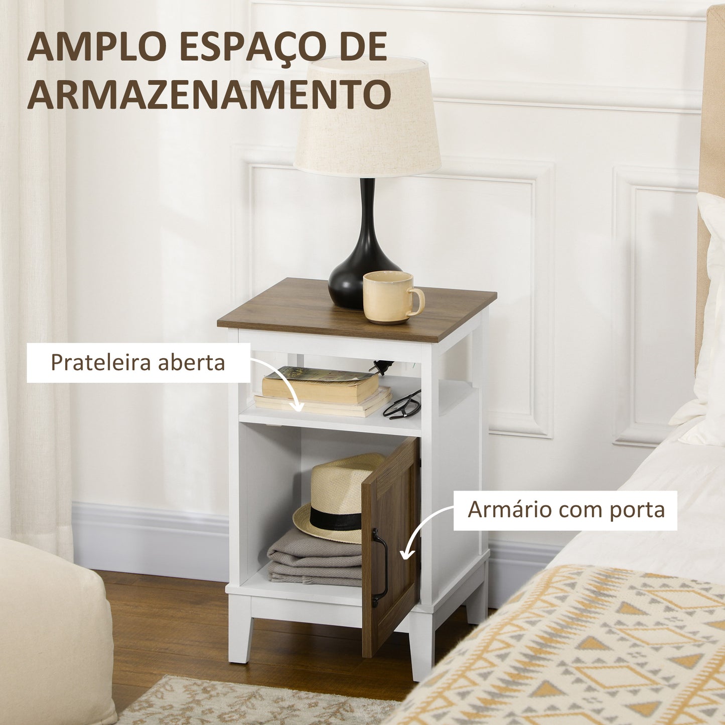 HOMCOM Mesa de Cabeceira com Porta e Prateleira de Armazenamento Mesa Auxiliar para Sala de Estar Escritório Dormitório 38,5x35x59,7 cm Branco e Madeira