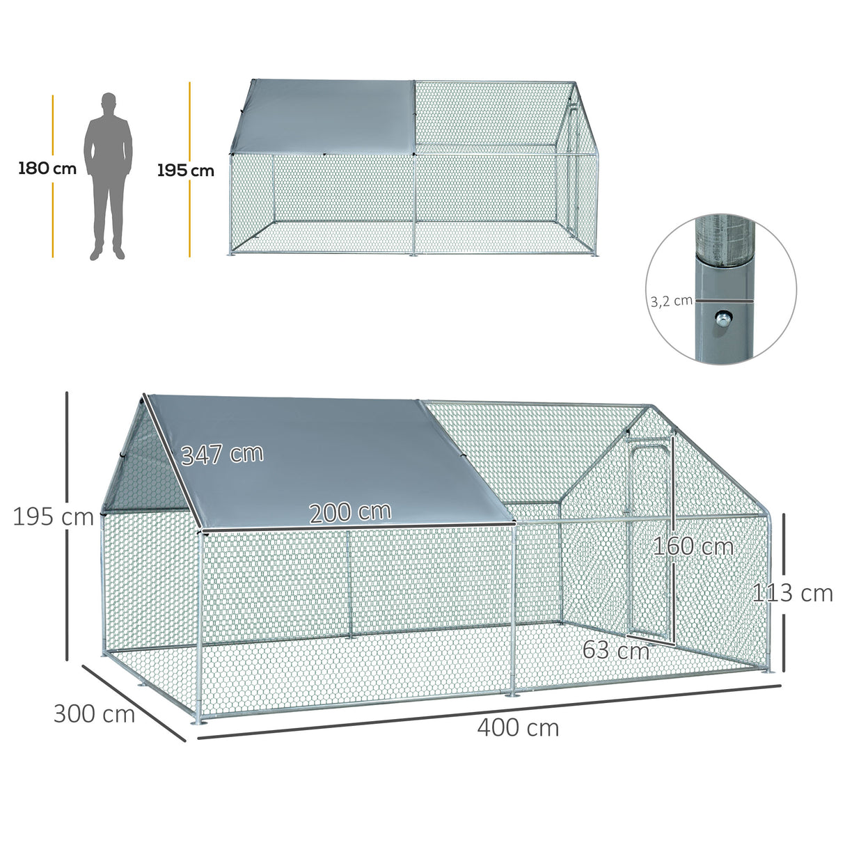 PawHut Galinheiro de Exterior Grande de Metal Galvanizado 3x4x1,95 m Gaiola para Galinhas Coelhos com Porta e Cobertura de Tecido de Oxford Resistente aos Raios UV Prata