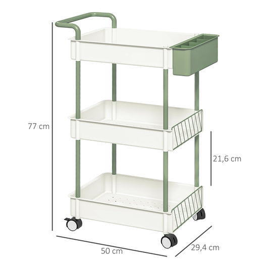 HOMCOM Carrinho de Armazenamento de 3 Níveis Carrinho de Cozinha com Alça e Caixa Amovível para Sala de Estar Escritório Casa de Banho 50x29,4x77 cm Branco e Verde