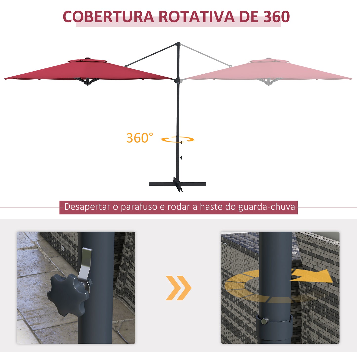 Outsunny Chapéu de Sol Excêntrico Ø294x242 cm Chapéu de Sol de Jardim com Altura Ajustável Mastro Giratório 360° Ângulo Ajustável e Ventilação Superior para Pátio Piscina Vinho