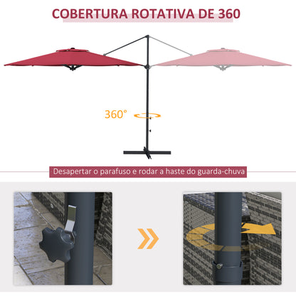 Outsunny Chapéu de Sol Excêntrico Ø294x242 cm Chapéu de Sol de Jardim com Altura Ajustável Mastro Giratório 360° Ângulo Ajustável e Ventilação Superior para Pátio Piscina Vinho