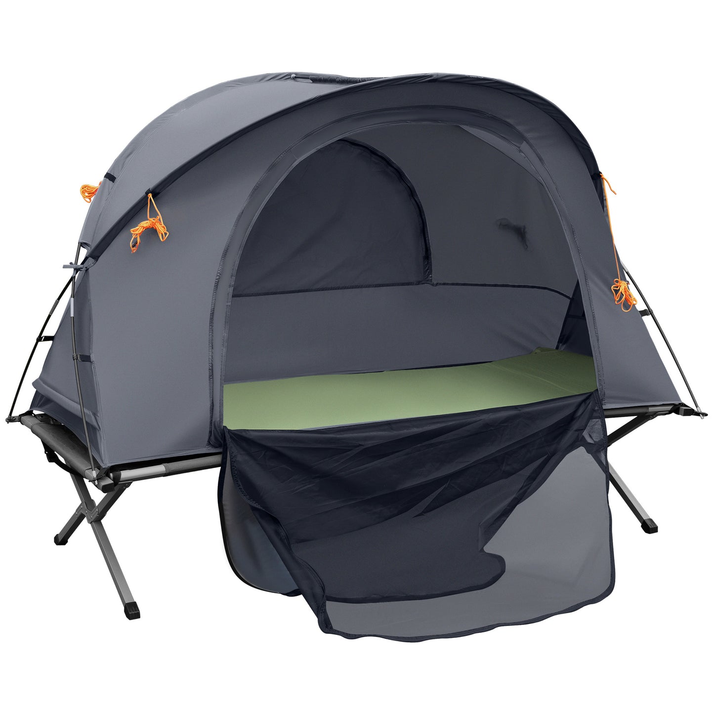 Outsunny Cama de Campismo Dobrável 3 em 1 Cama de Campismo Elevada com Tenda Colchão Insuflável e Bolsa de Transporte para Trilha 200x86x147 Cinza