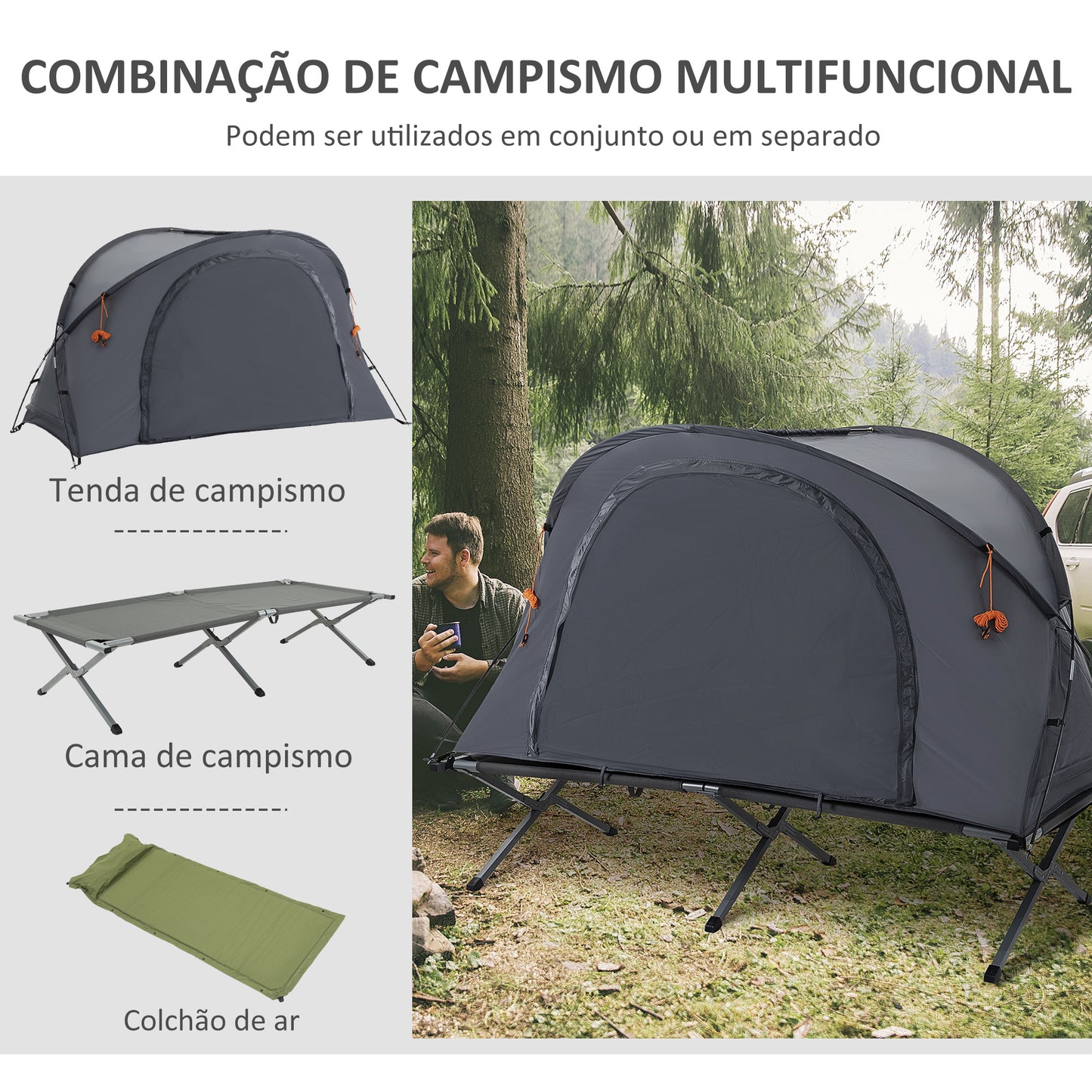 Outsunny Cama de Campismo Dobrável 3 em 1 Cama de Campismo Elevada com Tenda Colchão Insuflável e Bolsa de Transporte para Trilha 200x86x147 Cinza