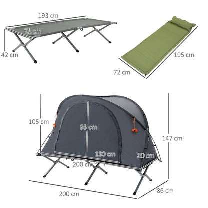 Outsunny Cama de Campismo Dobrável 3 em 1 Cama de Campismo Elevada com Tenda Colchão Insuflável e Bolsa de Transporte para Trilha 200x86x147 Cinza