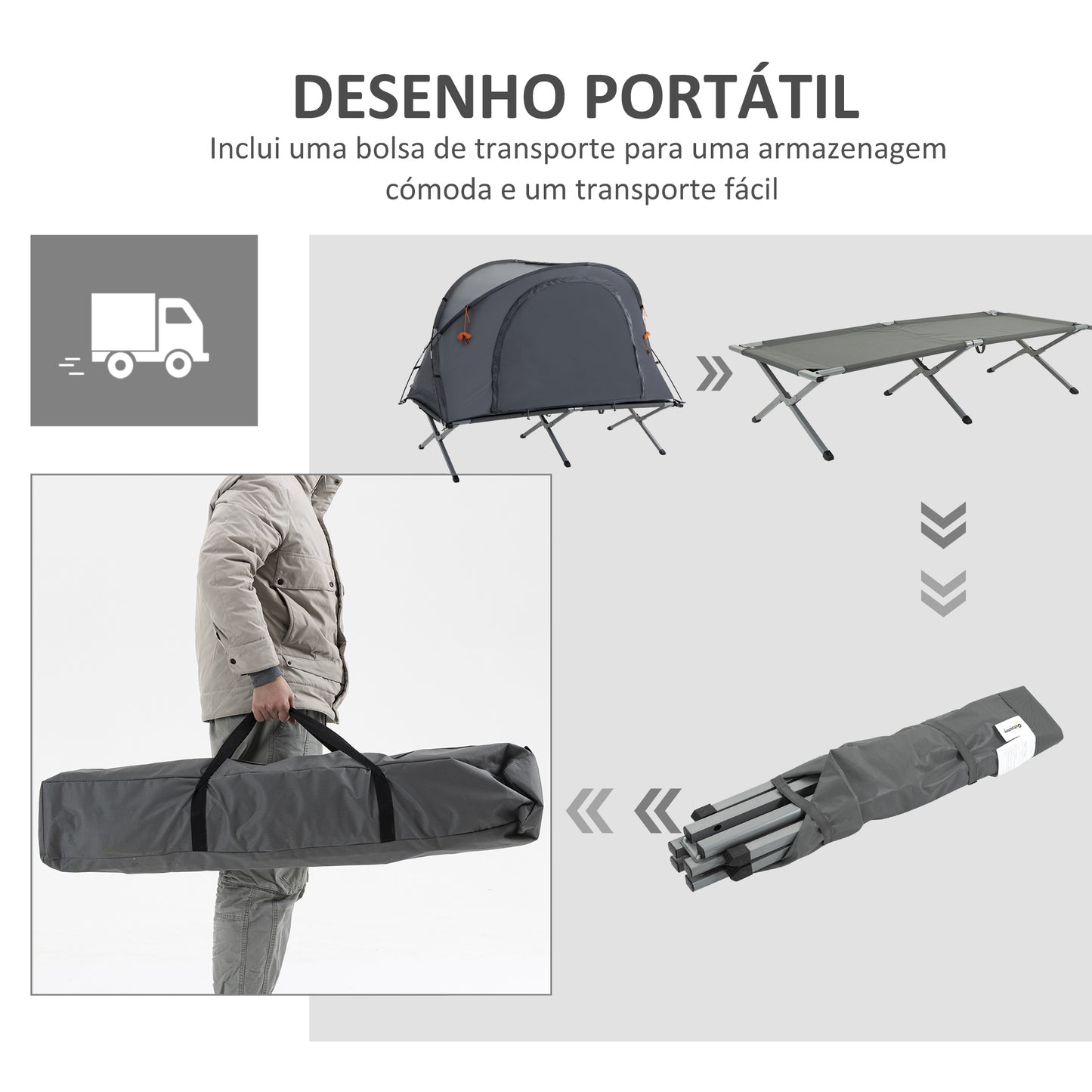 Outsunny Cama de Campismo Dobrável 3 em 1 Cama de Campismo Elevada com Tenda Colchão Insuflável e Bolsa de Transporte para Trilha 200x86x147 Cinza