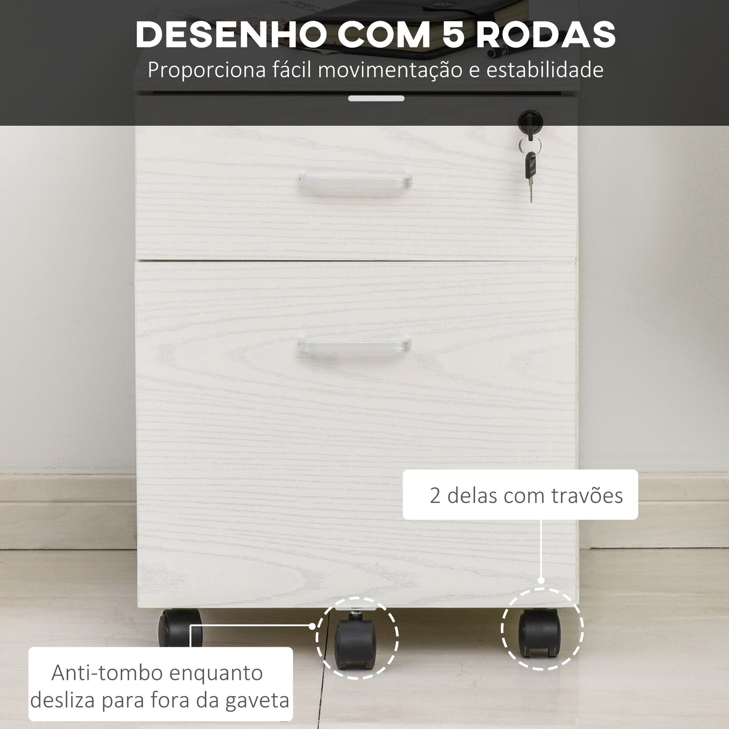 Vinsetto Bloco de Gavetas para Escritório Móvel de Arquivos com 2 Gavetas 5 Rodas com Travões e Fechadura com 2 Chaves para Escritório Secretária Casa 40x45x55,6cm Branco