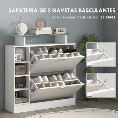 HOMCOM Sapateiro Moderno Sapateiro de Entrada Hall com Gavetas Basculantes, Prateleiras Ajustáveis e Prateleiras Abertas para 12 Pares de Sapatos Sapateiro Estreito para Corredor 89x25x92 cm Branco