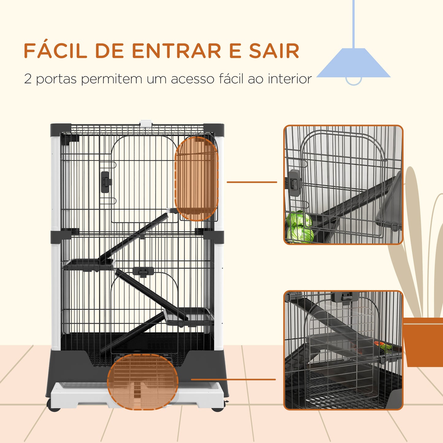 PawHut Gaiola para Animais Pequenos com Rodas 114x75x50 cm Gaiola para Animais com 3 Plataformas 3 Rampas Bandejas Amovíveis para Furão Coelhos Preto