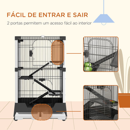 PawHut Gaiola para Animais Pequenos com Rodas 114x75x50 cm Gaiola para Animais com 3 Plataformas 3 Rampas Bandejas Amovíveis para Furão Coelhos Preto