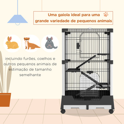 PawHut Gaiola para Animais Pequenos com Rodas 114x75x50 cm Gaiola para Animais com 3 Plataformas 3 Rampas Bandejas Amovíveis para Furão Coelhos Preto