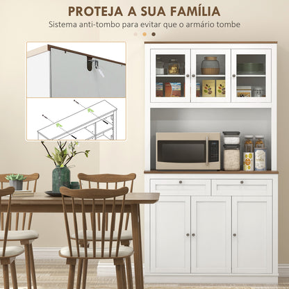 Armário de Cozinha Móvel Auxiliar de Cozinha com 3 Portas de Vidro Compartimento Aberto 2 Gavetas e Prateleiras Ajustáveis 100x40x180 cm Branco