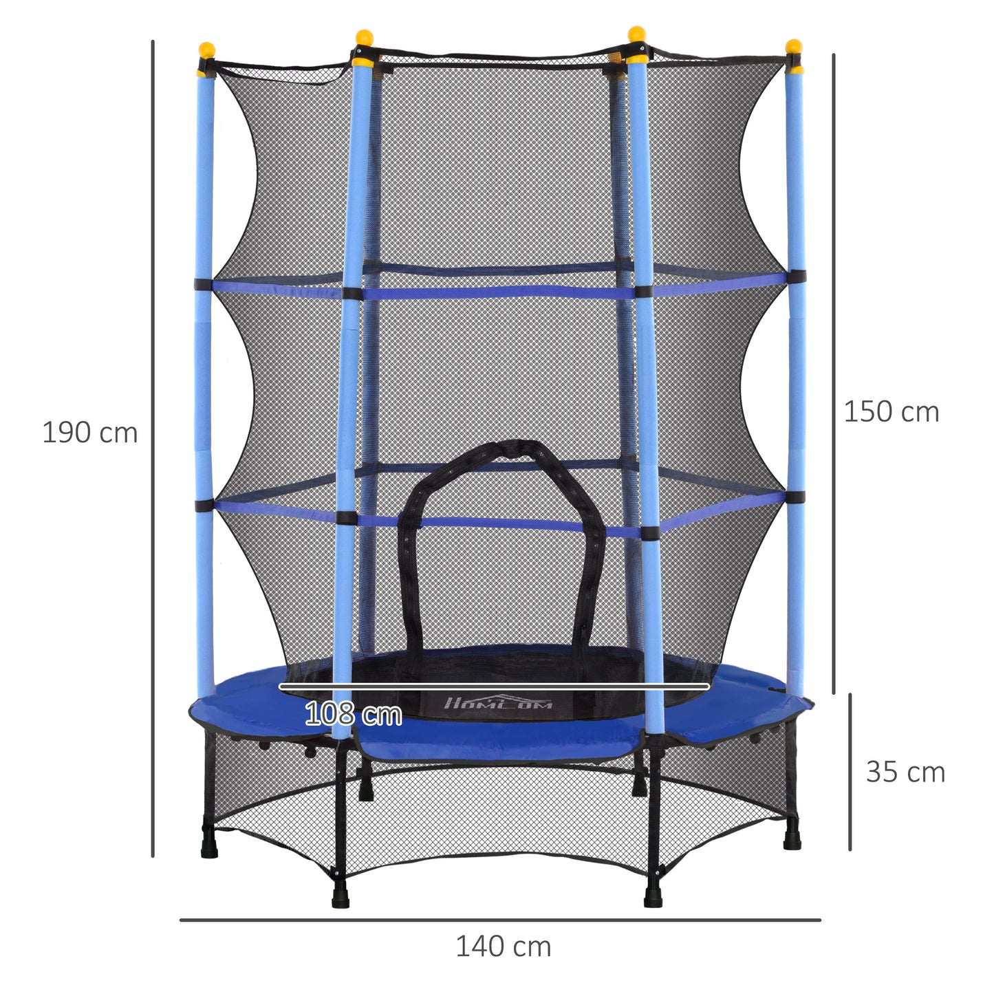 HOMCOM Trampolim para Crianças acima de 3 Anos Cama Elástica Infantil com Rede de Segurança e Estrutura de Aço para Interiores e Exteriores Carga 50kg Ø140x190 cm Azul