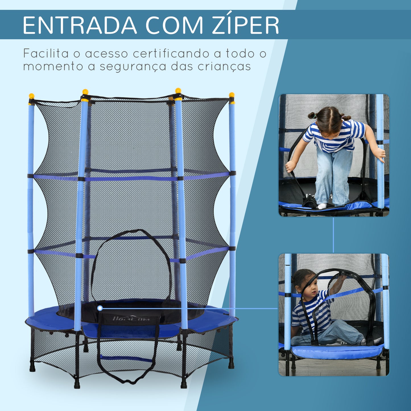 HOMCOM Trampolim para Crianças acima de 3 Anos Cama Elástica Infantil com Rede de Segurança e Estrutura de Aço para Interiores e Exteriores Carga 50kg Ø140x190 cm Azul