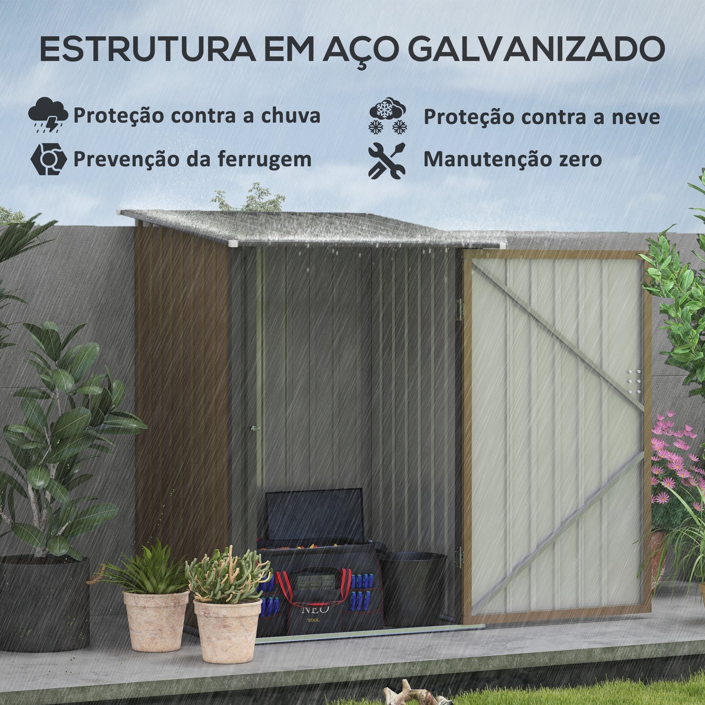 Outsunny Abrigo de Jardim 0,92 m² 100x103x160 cm Abrigo Exterior de Aço Galvanizado com Porta Fechadura e Teto Inclinado para Armazenamento de Ferramentas Marrom