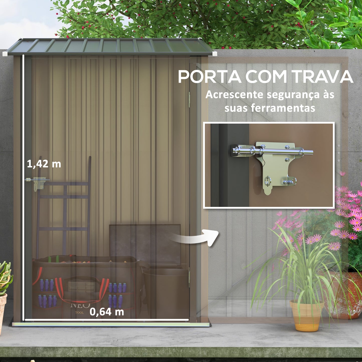 Outsunny Abrigo de Jardim 0,92 m² 100x103x160 cm Abrigo Exterior de Aço Galvanizado com Porta Fechadura e Teto Inclinado para Armazenamento de Ferramentas Marrom