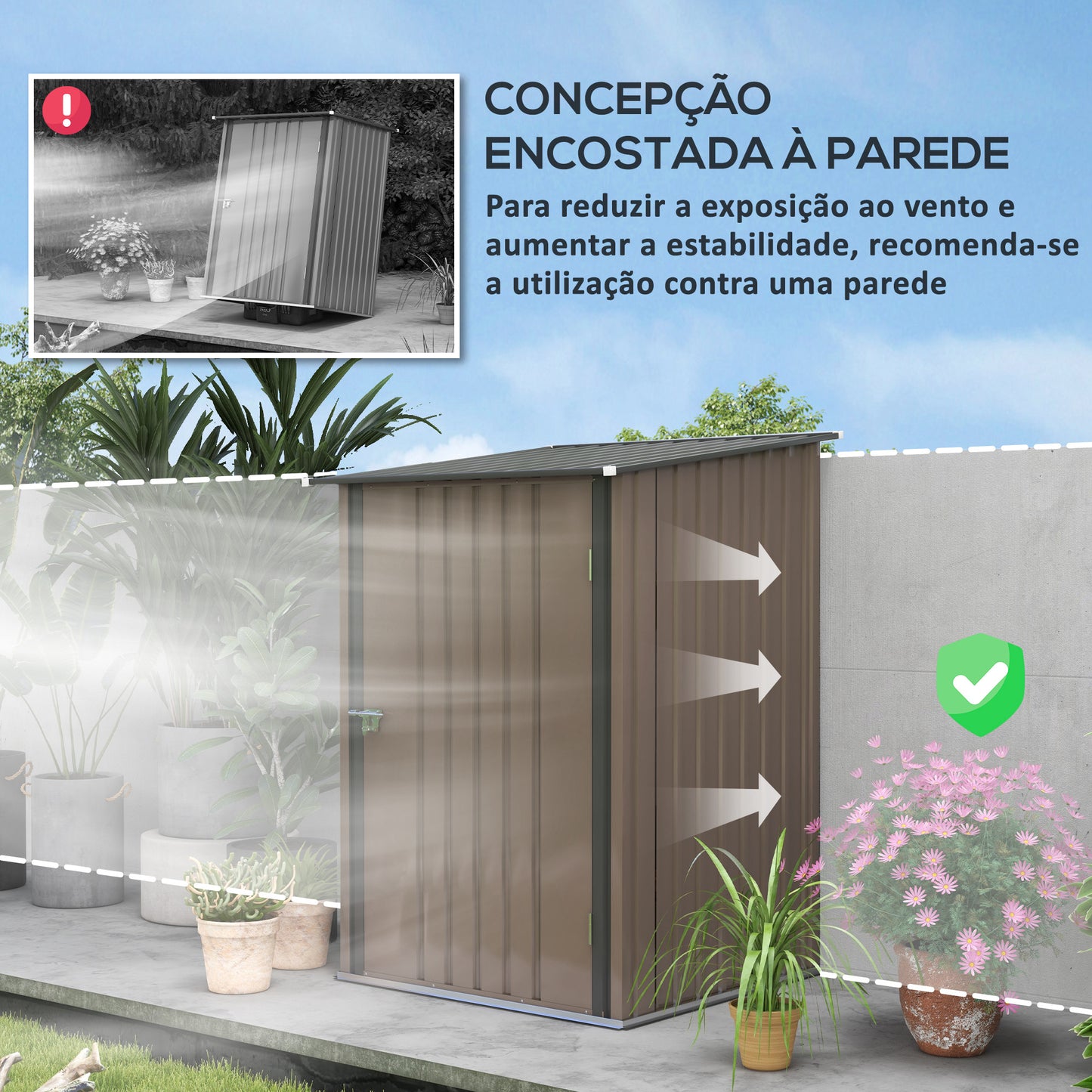 Outsunny Abrigo de Jardim 0,92 m² 100x103x160 cm Abrigo Exterior de Aço Galvanizado com Porta Fechadura e Teto Inclinado para Armazenamento de Ferramentas Marrom