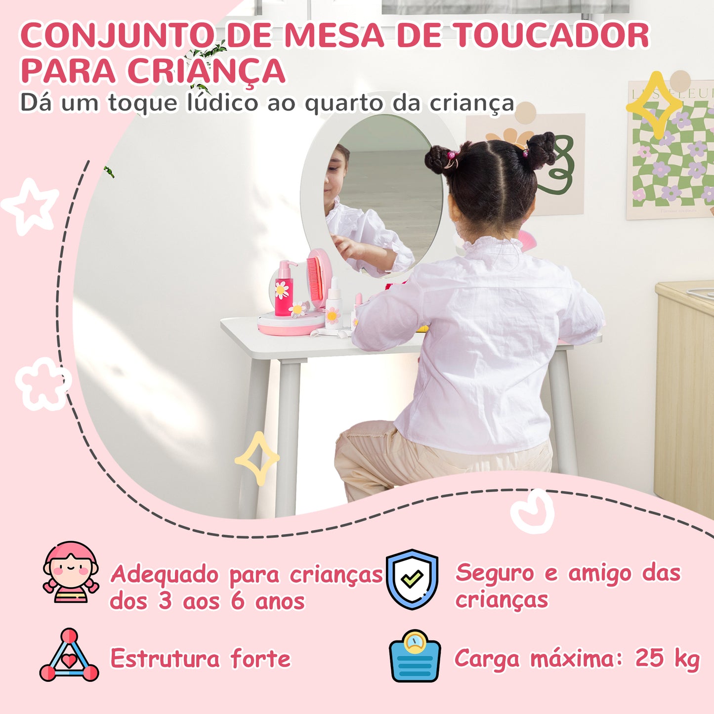 AIYAPLAY Toucador para Crianças com Banco Toucador de Maquilhagem para Crianças acima de 3 Anos Toucador Infantil com Espelho Branco