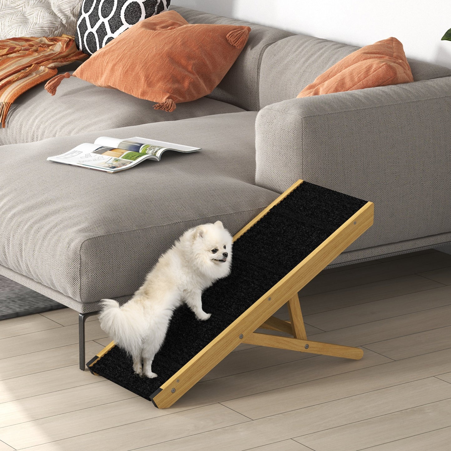 PawHut Rampa para Cães Dobrável Rampa para Animais de Estimação de Madeira com Altura Ajustável em 4 Níveis para Cães Pequenos e Médios 83,5x35x47,5 cm Natural