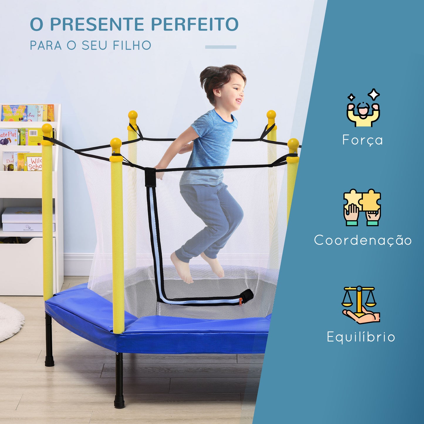 ZONEKIZ Trampolim para Crianças 95x85 cm com Rede de Segurança Trampolim Infantil para Crianças de 3-6 Anos para Interior Carga Máxima 50 kg 122x122x97 cm Azul