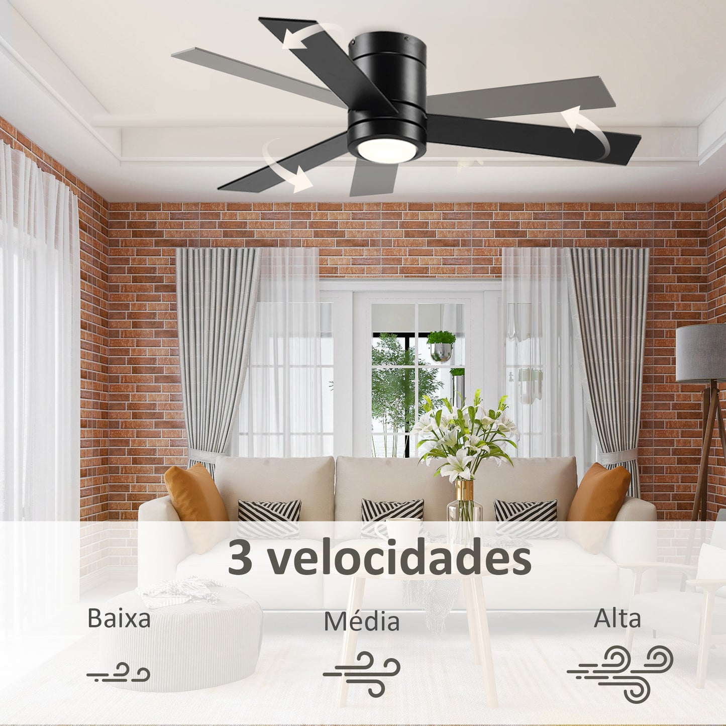 HOMCOM Ventoinha de Teto 48W com Luz LED Controle Remoto 3 Velocidades Temporizador 3 Lâminas de Madeira para Dormitório Sala de Estar Sala de Jantar Ø112x25cm Preto