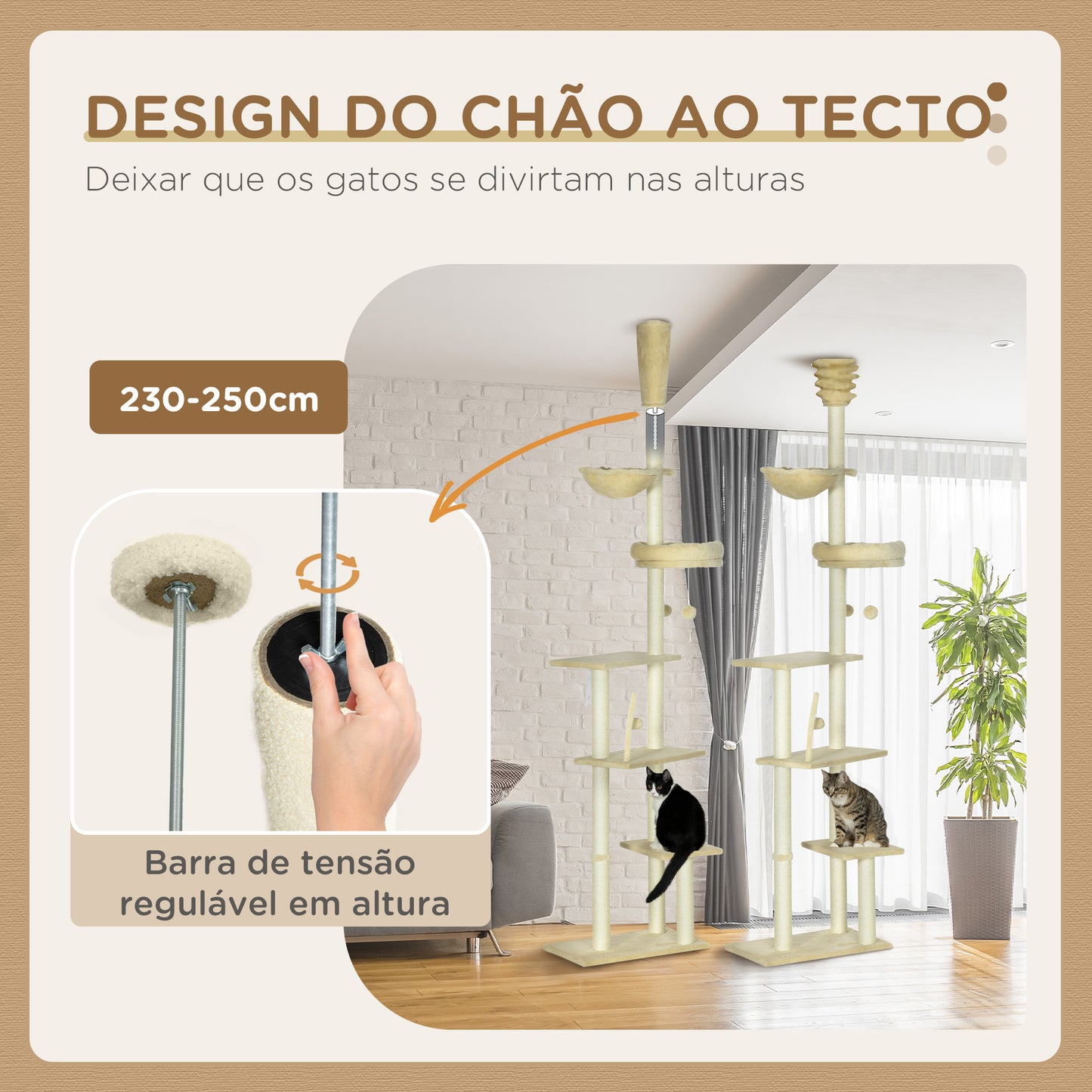 PawHut Arranhador para Gatos do Solo ao Teto de 230-250 cm Arranhador para Gatos com Altura Ajustável Múltiplas Plataformas Rede Bolas Suspensas Bege