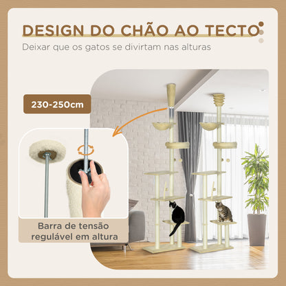 PawHut Arranhador para Gatos do Solo ao Teto de 230-250 cm Arranhador para Gatos com Altura Ajustável Múltiplas Plataformas Rede Bolas Suspensas Bege