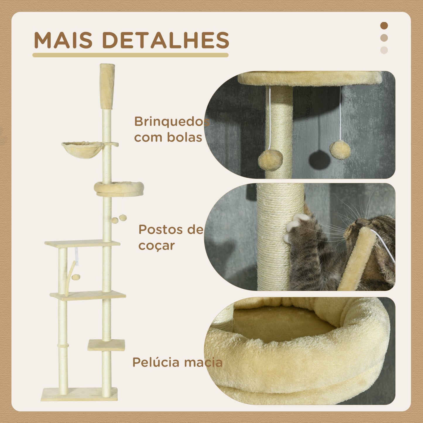 PawHut Arranhador para Gatos do Solo ao Teto de 230-250 cm Arranhador para Gatos com Altura Ajustável Múltiplas Plataformas Rede Bolas Suspensas Bege