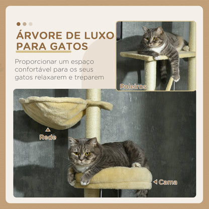 PawHut Arranhador para Gatos do Solo ao Teto de 230-250 cm Arranhador para Gatos com Altura Ajustável Múltiplas Plataformas Rede Bolas Suspensas Bege