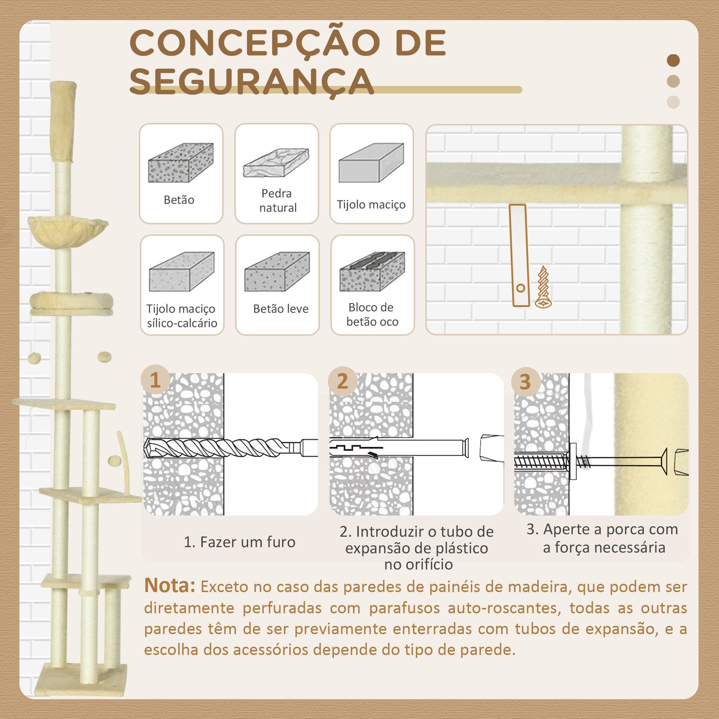 PawHut Arranhador para Gatos do Solo ao Teto de 230-250 cm Arranhador para Gatos com Altura Ajustável Múltiplas Plataformas Rede Bolas Suspensas Bege